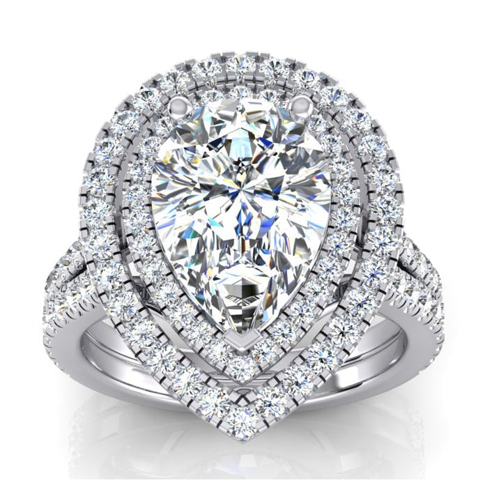 Doppio Anello Di Fidanzamento Con Naturale Diamante A Pera Halo In Oro 14K 6 carati