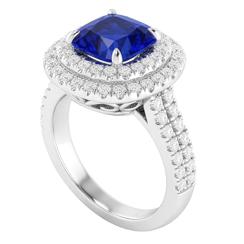 Doppio anello Halo con cuscino da 4,50 carati in zaffiro blu con gambo diviso in pavé