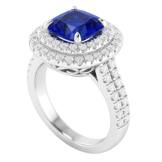 Doppio anello Halo con cuscino da 4,50 carati in zaffiro blu con gambo diviso in pavé