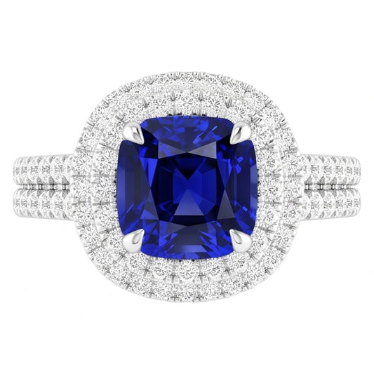 Doppio anello Halo con cuscino da 4,50 carati in zaffiro blu con gambo diviso in pavé