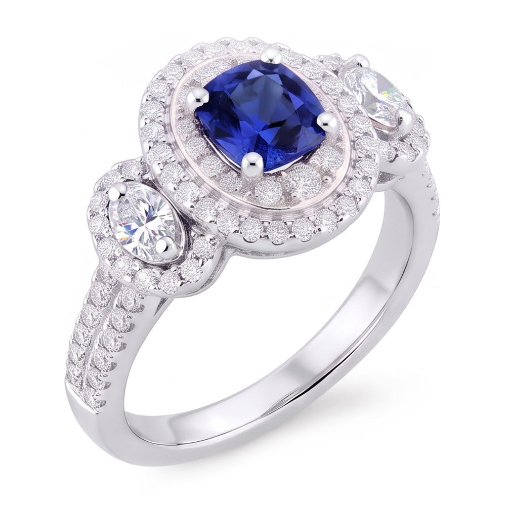 Doppio anello cuscino zaffiro diamante 3 carati oro bianco 14K