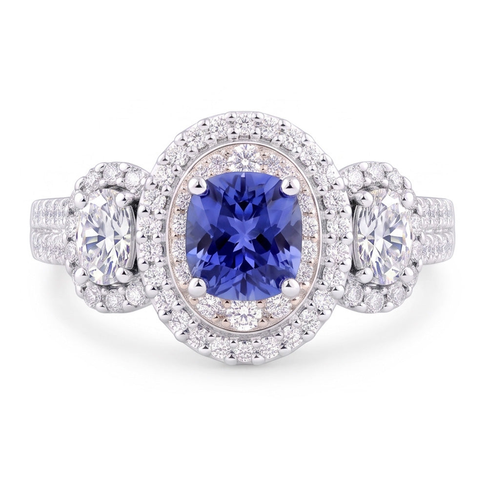 Doppio anello cuscino zaffiro diamante 3 carati oro bianco 14K