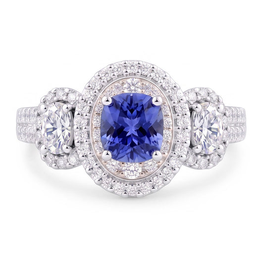 Doppio anello cuscino zaffiro diamante 3 carati oro bianco 14K