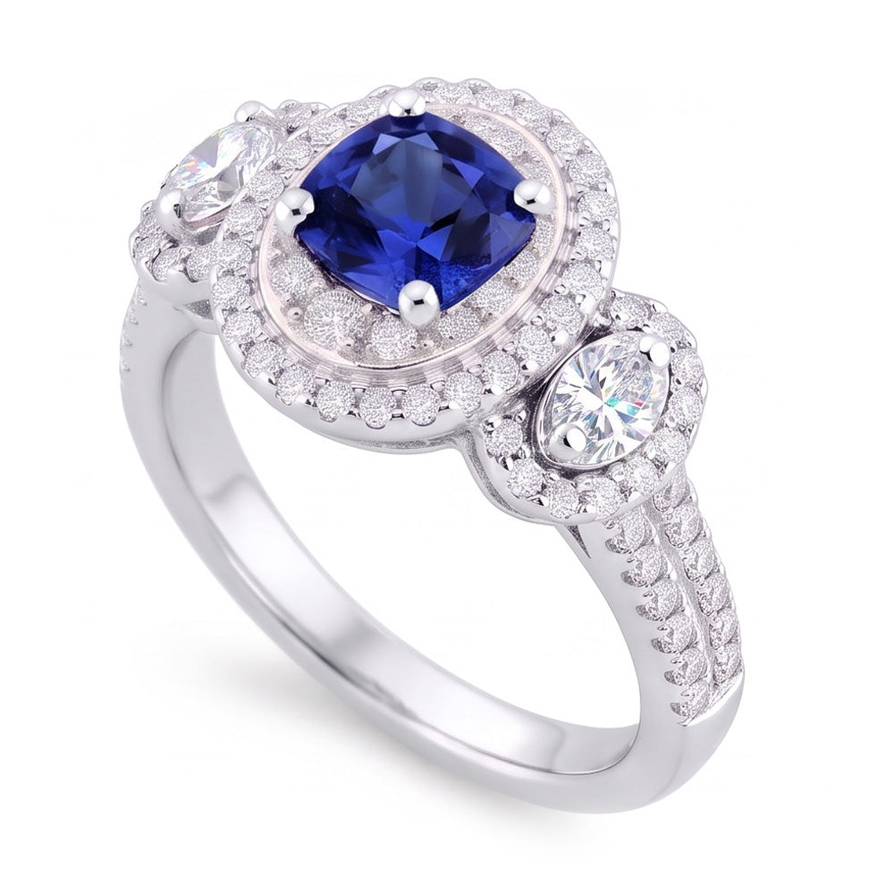 Doppio anello cuscino zaffiro diamante 3 carati oro bianco 14K