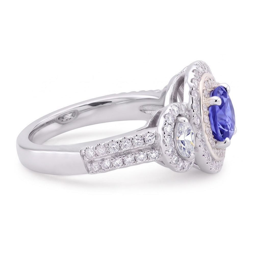 Doppio anello cuscino zaffiro diamante 3 carati oro bianco 14K