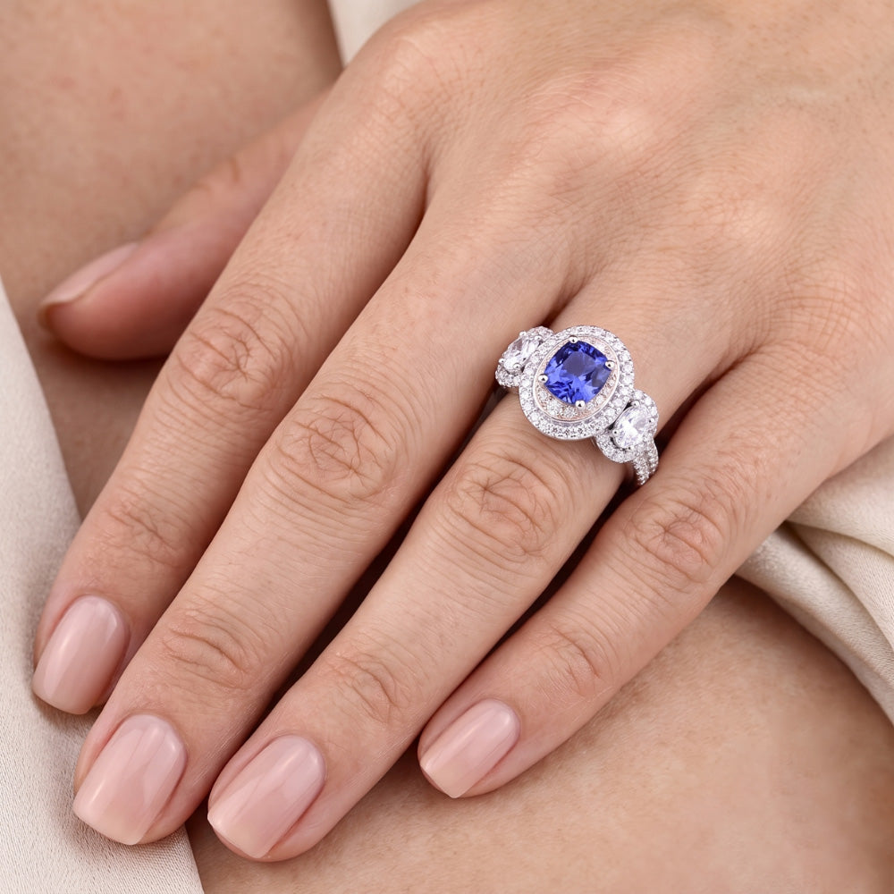 Doppio anello cuscino zaffiro diamante 3 carati oro bianco 14K