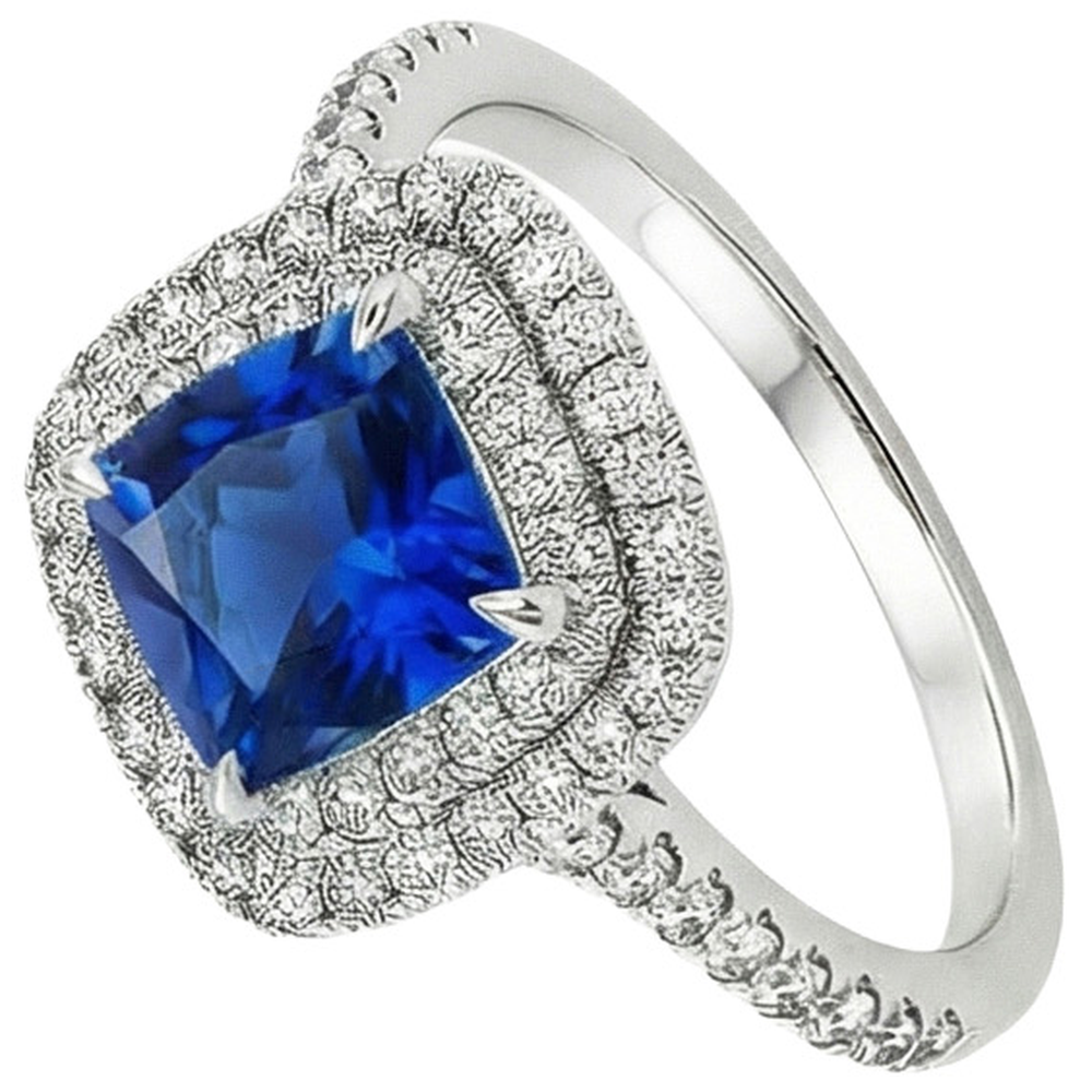 Doppio anello di diamanti Halo Cuscino con accenti di zaffiro di Ceylon 3.25 carati