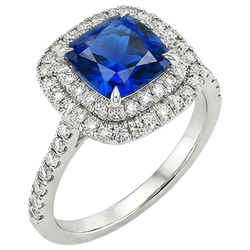 Doppio anello di diamanti Halo Cuscino con accenti di zaffiro di Ceylon 3.25 carati