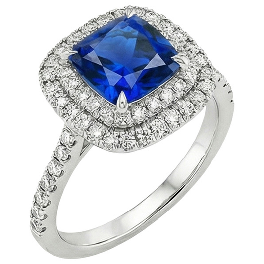Doppio anello di diamanti Halo Cuscino con accenti di zaffiro di Ceylon 3.25 carati