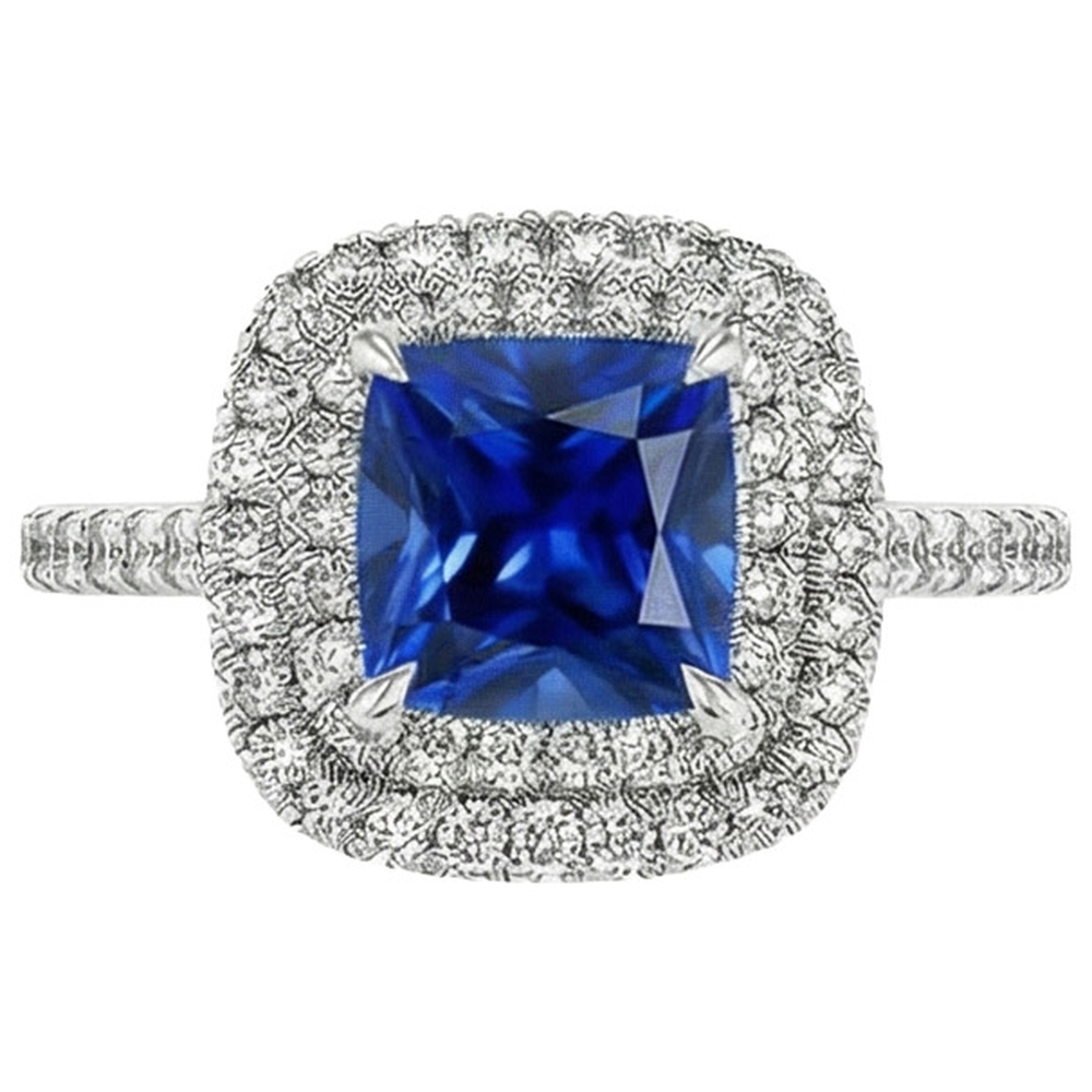 Doppio anello di diamanti Halo Cuscino con accenti di zaffiro di Ceylon 3.25 carati