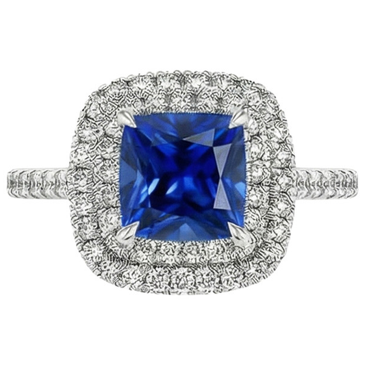 Doppio anello di diamanti Halo Cuscino con accenti di zaffiro di Ceylon 3.25 carati
