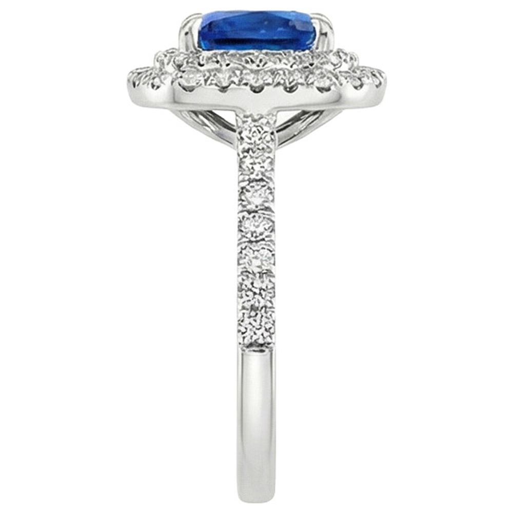Doppio anello di diamanti Halo Cuscino con accenti di zaffiro di Ceylon 3.25 carati