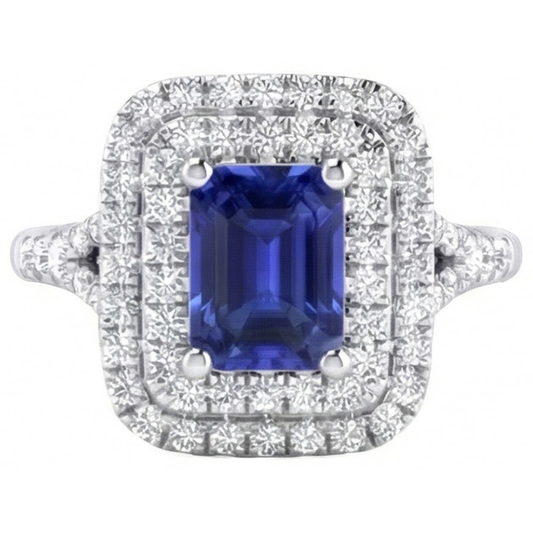 Doppio anello nuziale anello smeraldo blu zaffiro e diamanti 4 carati