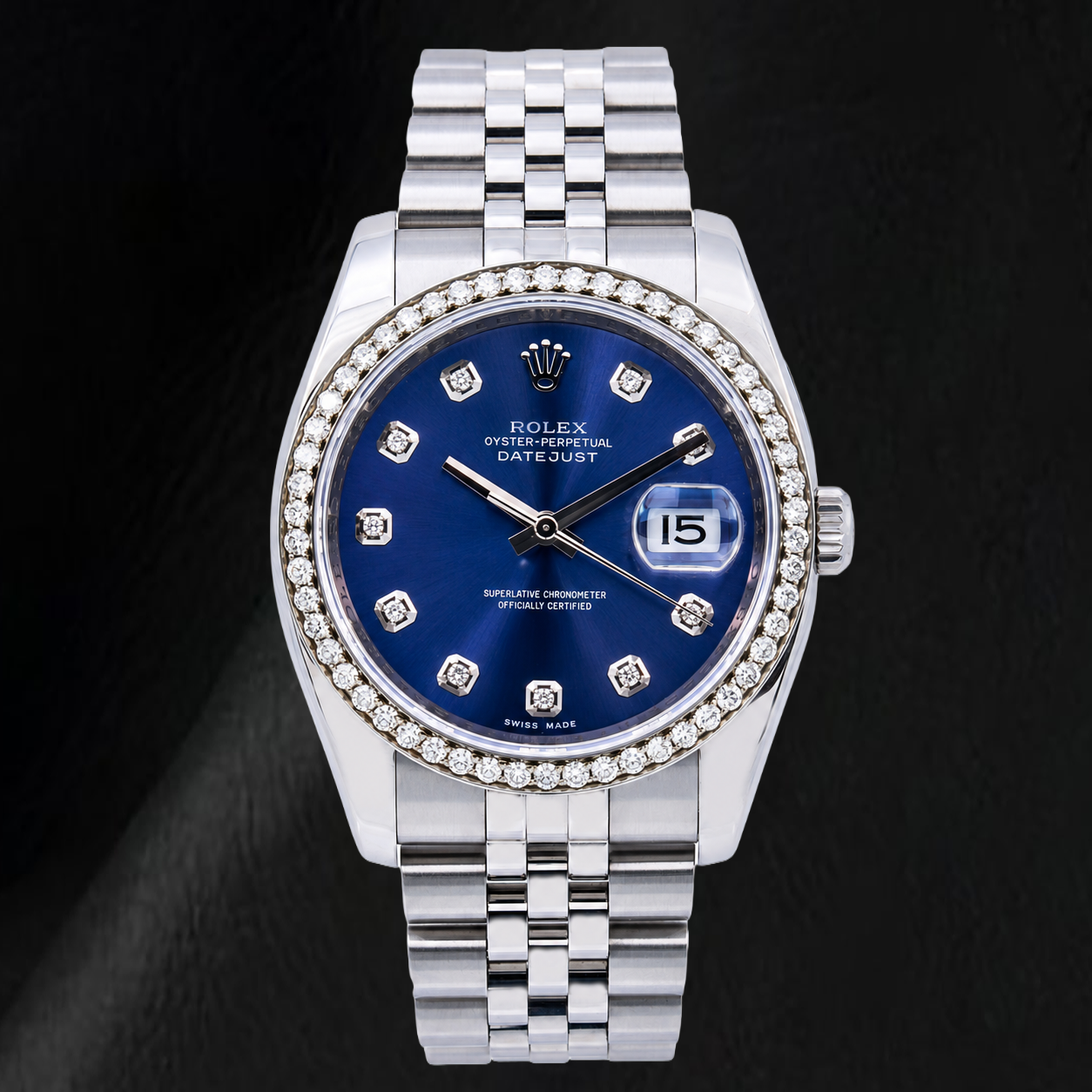 Rolex 16200 Datejust Orologio 36 mm in Acciaio Inossidabile con Quadrante Blu con Diamanti