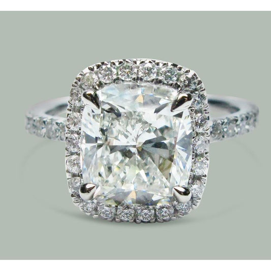 Eagle Claw Ring Cushion Prongs Vero Diamond Rebbi 7,50 Ct Round Halo Oro Bianco 14K