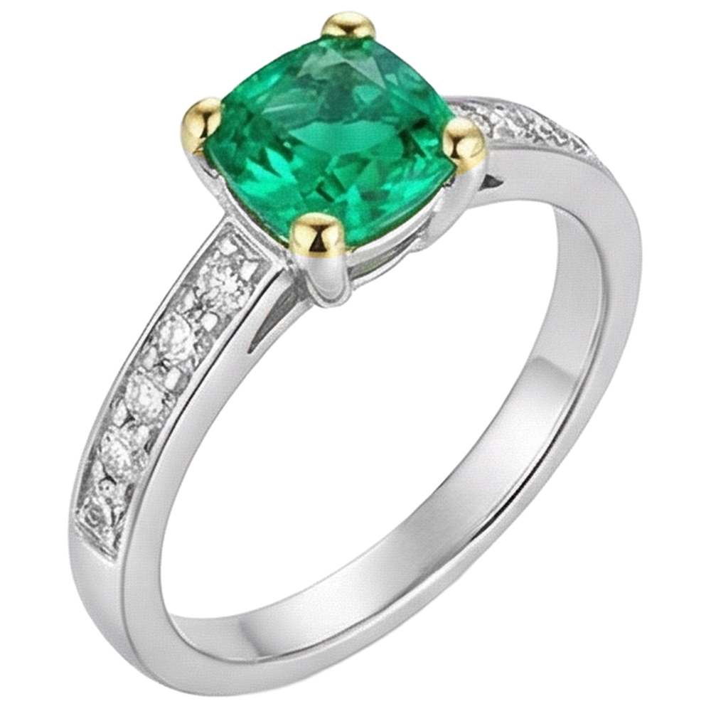 Cuscino Smeraldo Fine anello in Oro 14 Carati Bicolore – vista laterale