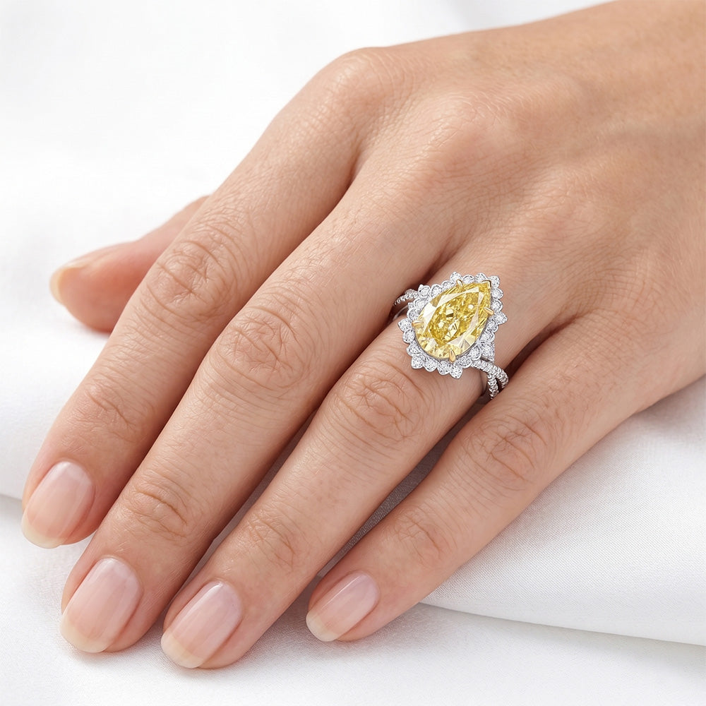 Elegante Diamante Giallo Fancy Anello di Fidanzamento Halo 3