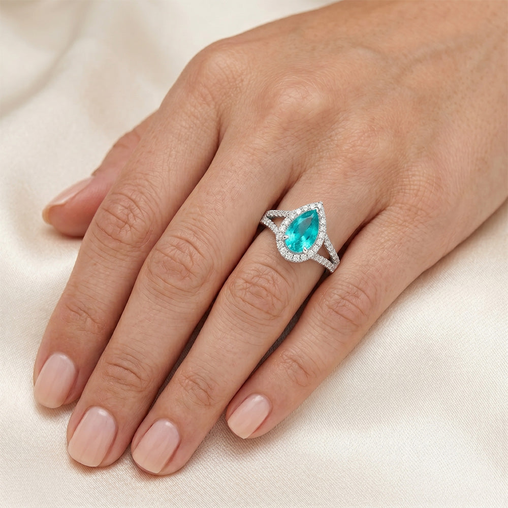 Elegante Purezza VVS Paraiba Neon Anello di Fidanzamento Halo
