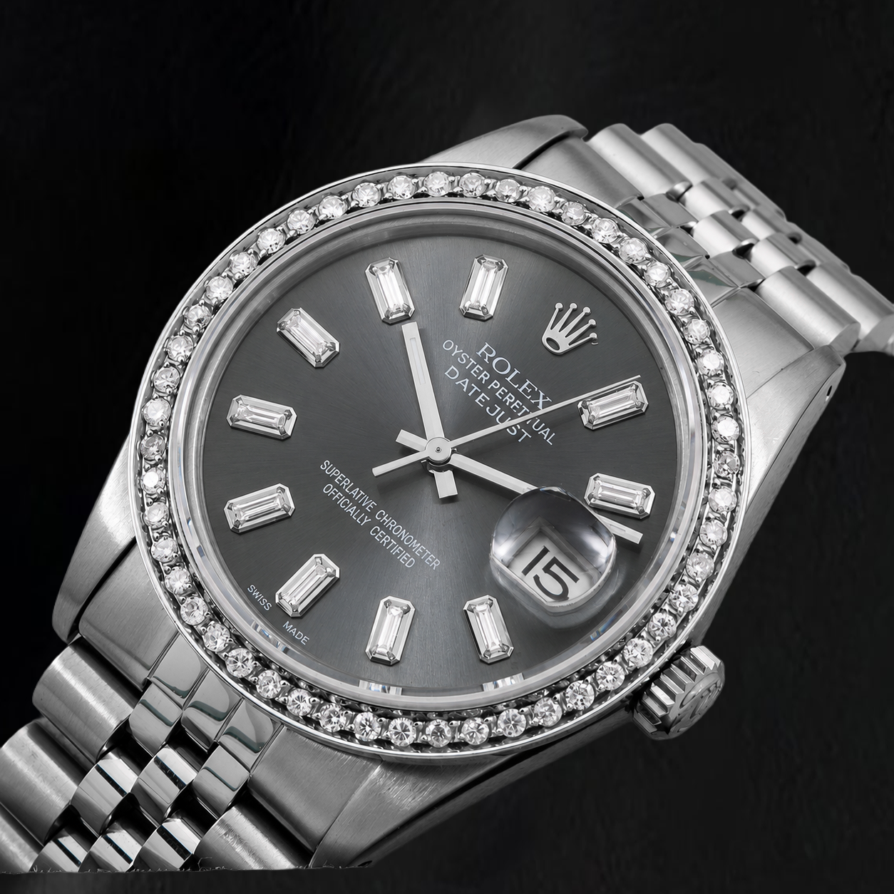 Rolex Datejust 16014 36 mm Orologio in Acciaio Inossidabile con Quadrante Grigio con Diamanti