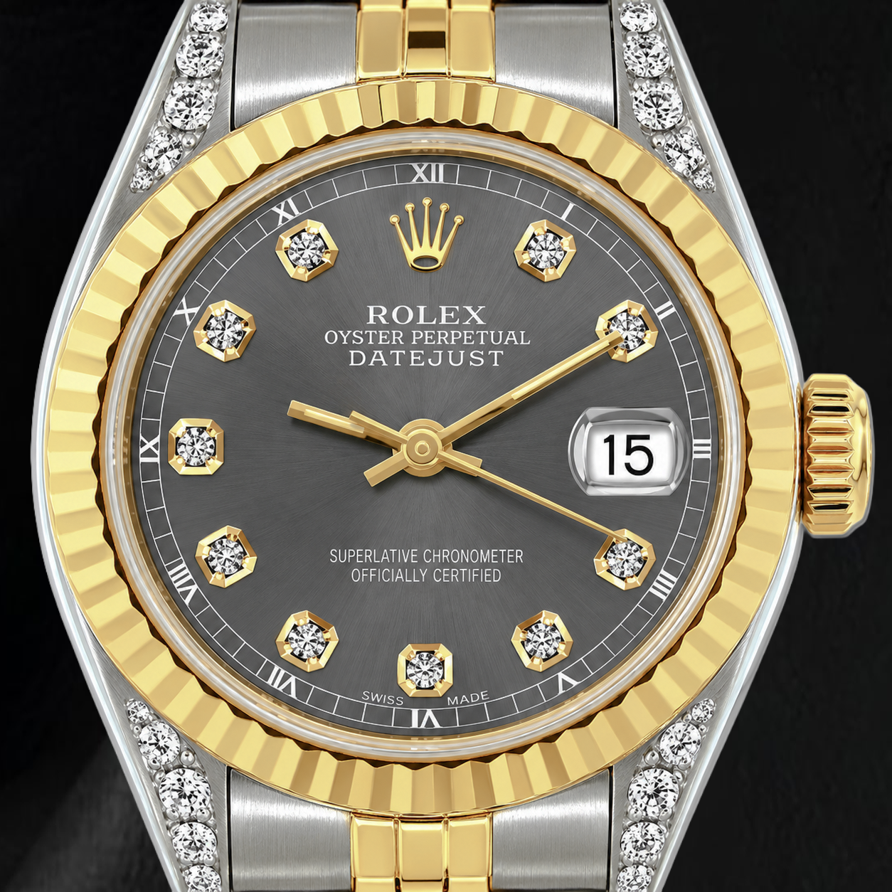 Rolex Datejust 69173 26 mm Orologio Bicolore Quadrante Grigio con Diamanti Lunetta Zigrinata