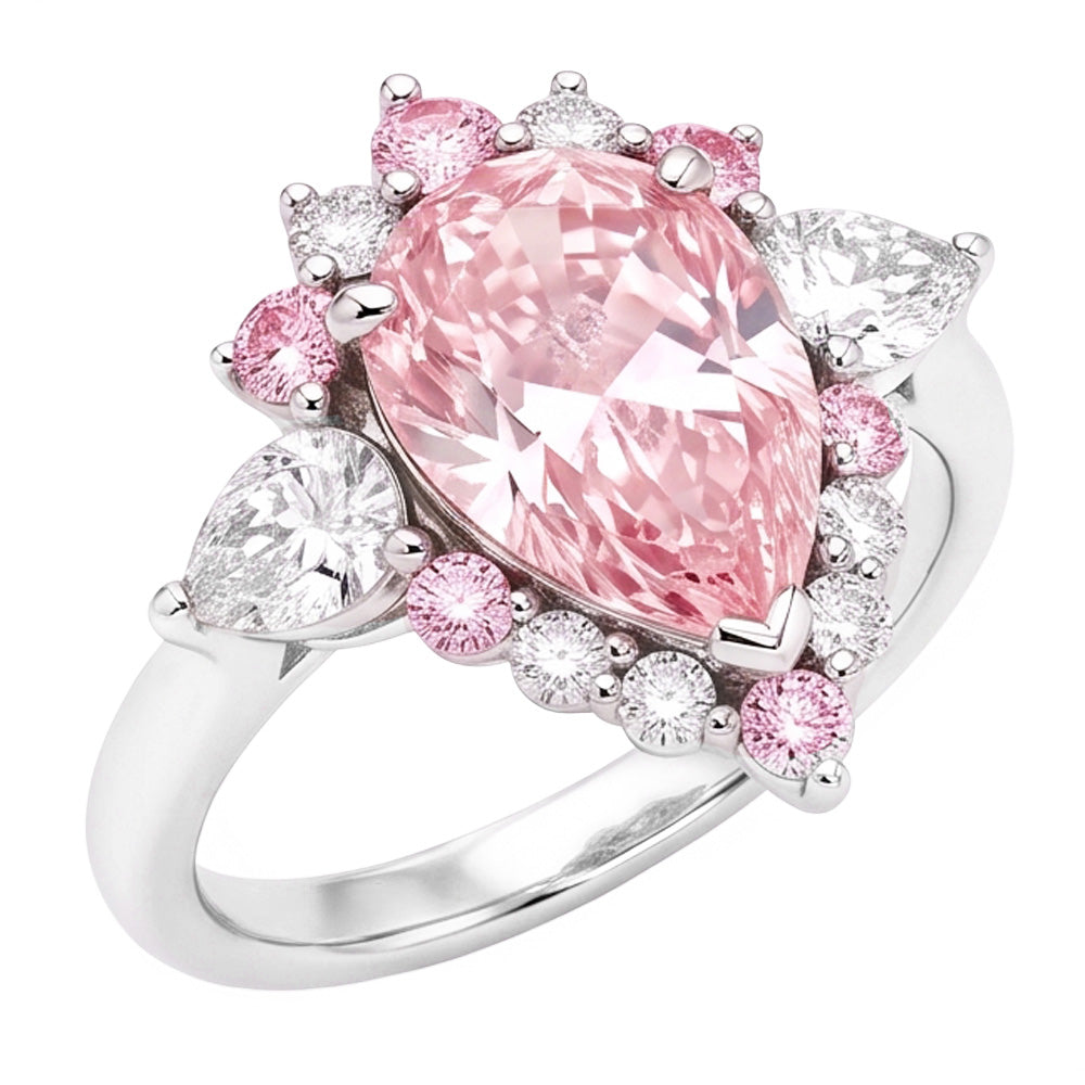 Anello di Fidanzamento in Platino con Diamante Fancy Rosa Naturale Taglio a Goccia da 2 Carati e Semi Halo