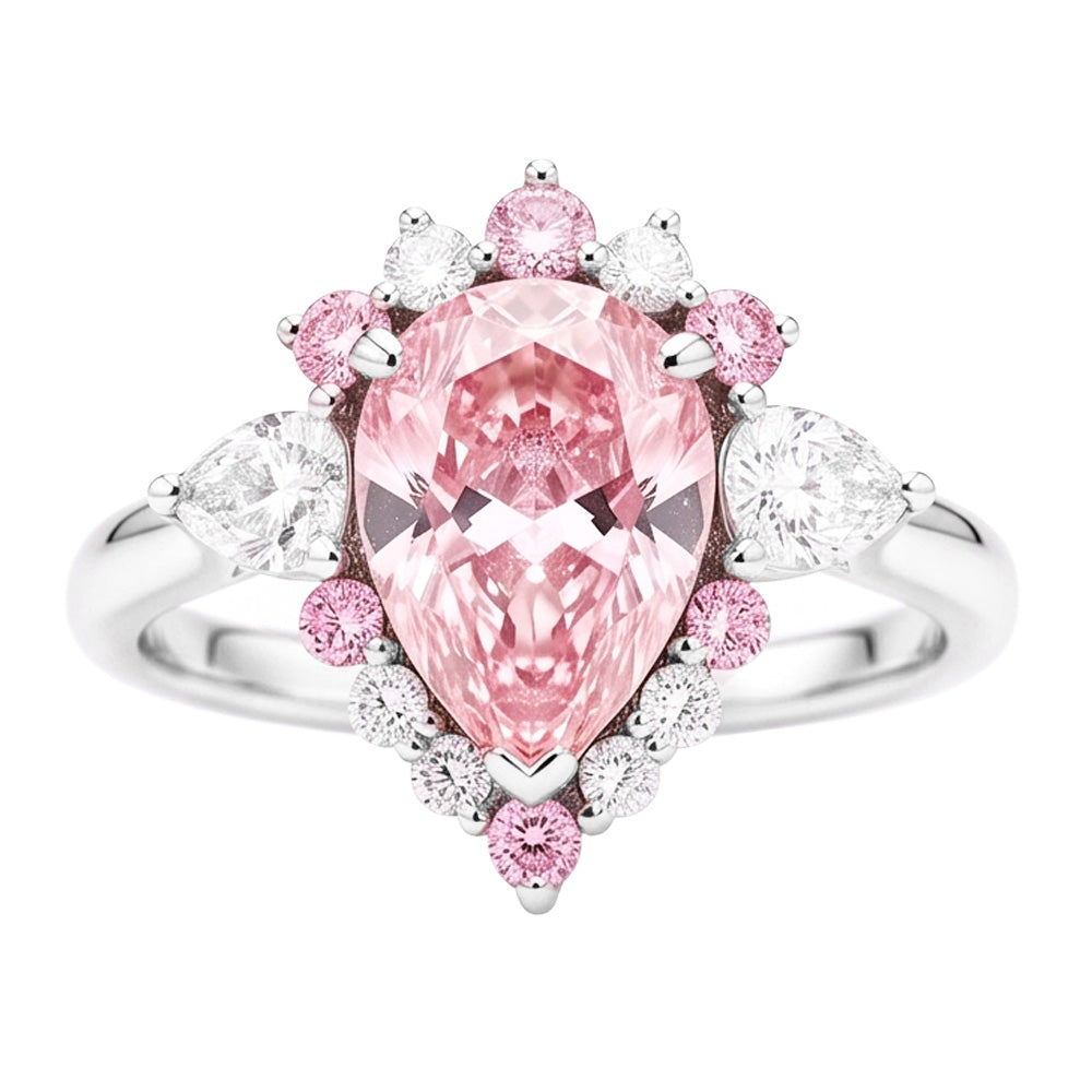 Anello di Fidanzamento in Platino con Diamante Fancy Rosa Naturale Taglio a Goccia da 2 Carati e Semi Halo