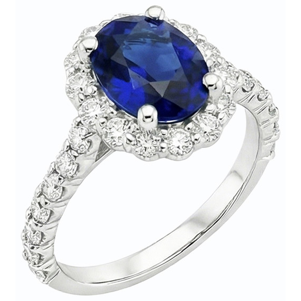Fede Halo con 6 carati Zaffiro ovale blu intenso in oro bianco 14K