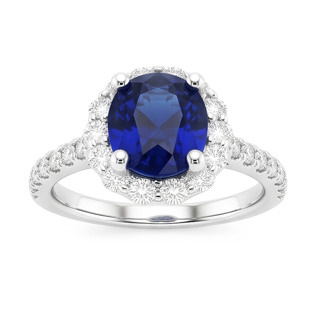 Fede Halo con 6 carati Zaffiro ovale blu intenso in oro bianco 14K