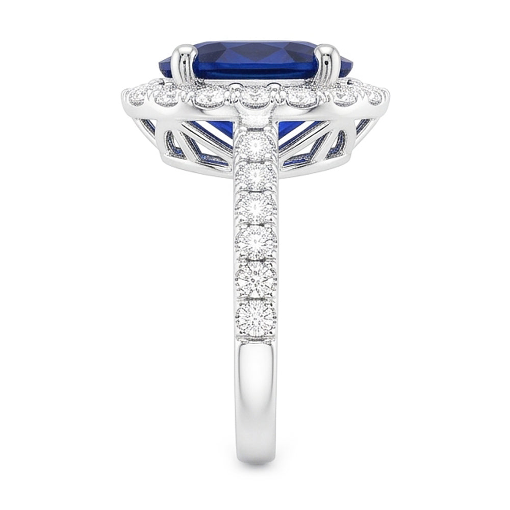 Fede Halo con 6 carati Zaffiro ovale blu intenso in oro bianco 14K