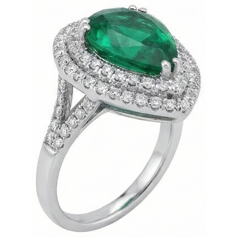 Fede Nuziale Con Verde Smeraldo Taglio Pera Con Alone E Diamante Rotondo. Oro 5.50 Ct