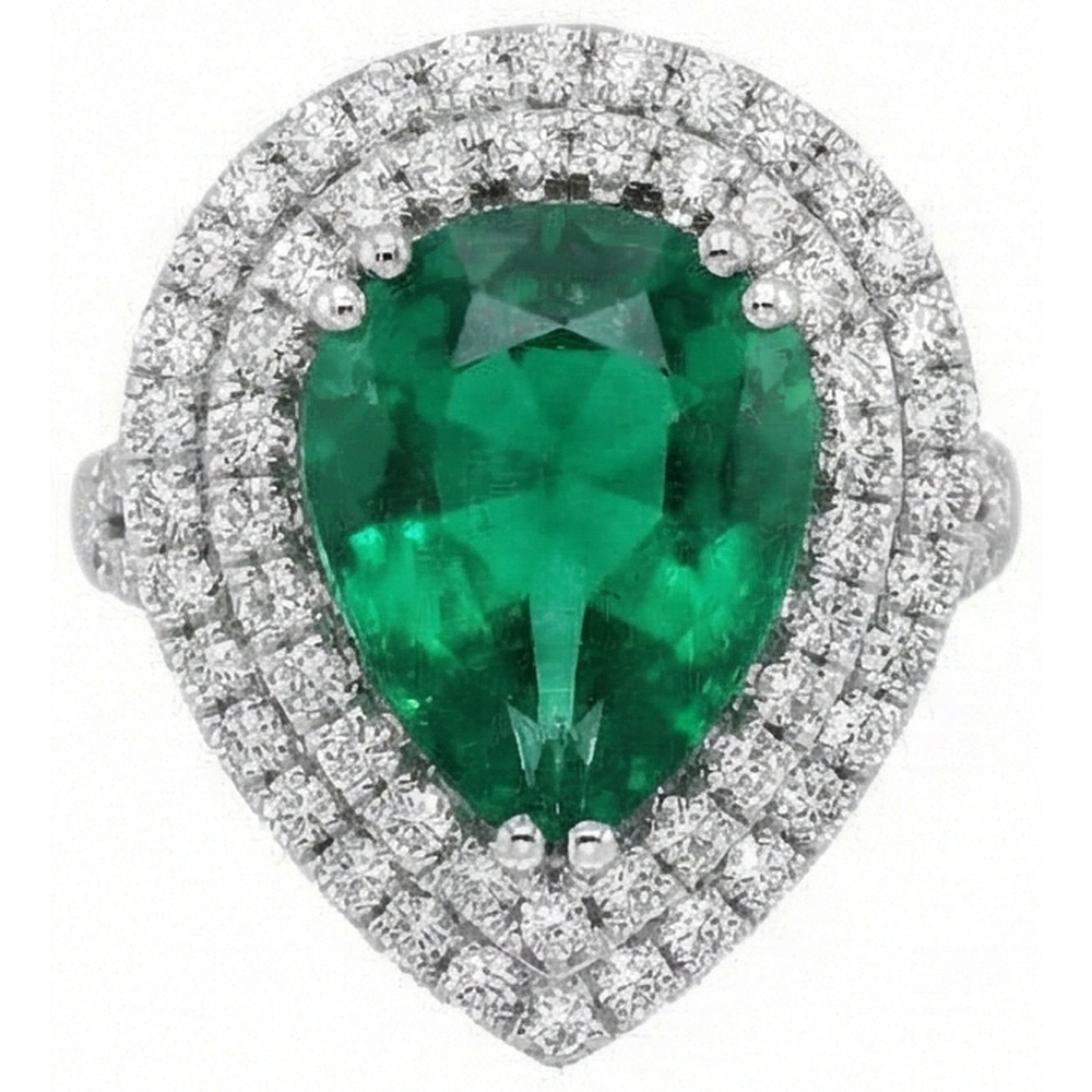 Fede Nuziale Con Verde Smeraldo Taglio Pera Con Alone E Diamante Rotondo. Oro 5.50 Ct