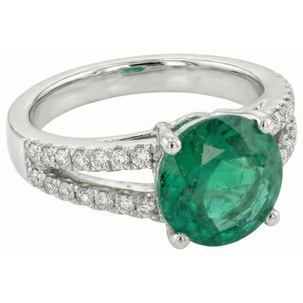 Fede Nuziale In Oro Bianco 14K . Con Verde Smeraldo Rotondo Con Diamanti Naturali Autentici ( non creati in laboratorio ) 3.75 Carati