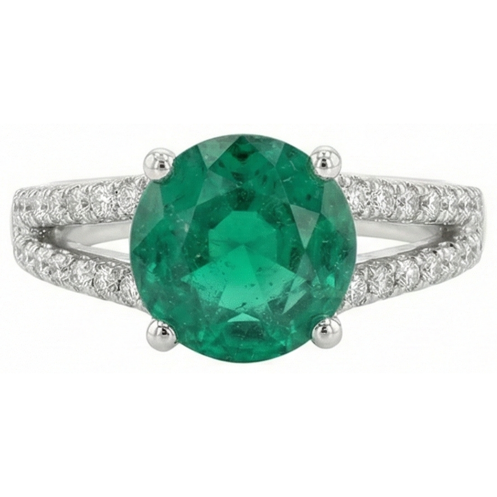 Fede Nuziale In Oro Bianco 14K . Con Verde Smeraldo Rotondo Con Diamanti Naturali Autentici ( non creati in laboratorio ) 3.75 Carati