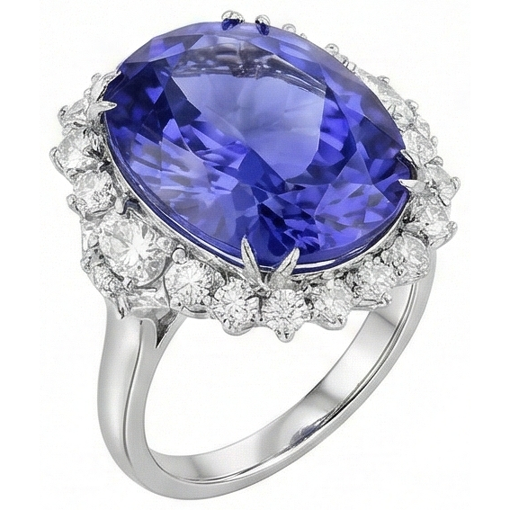Fede Nuziale Oro Bianco Con Tanzanite Ovale Grande 12.25 ct Con Diamanti