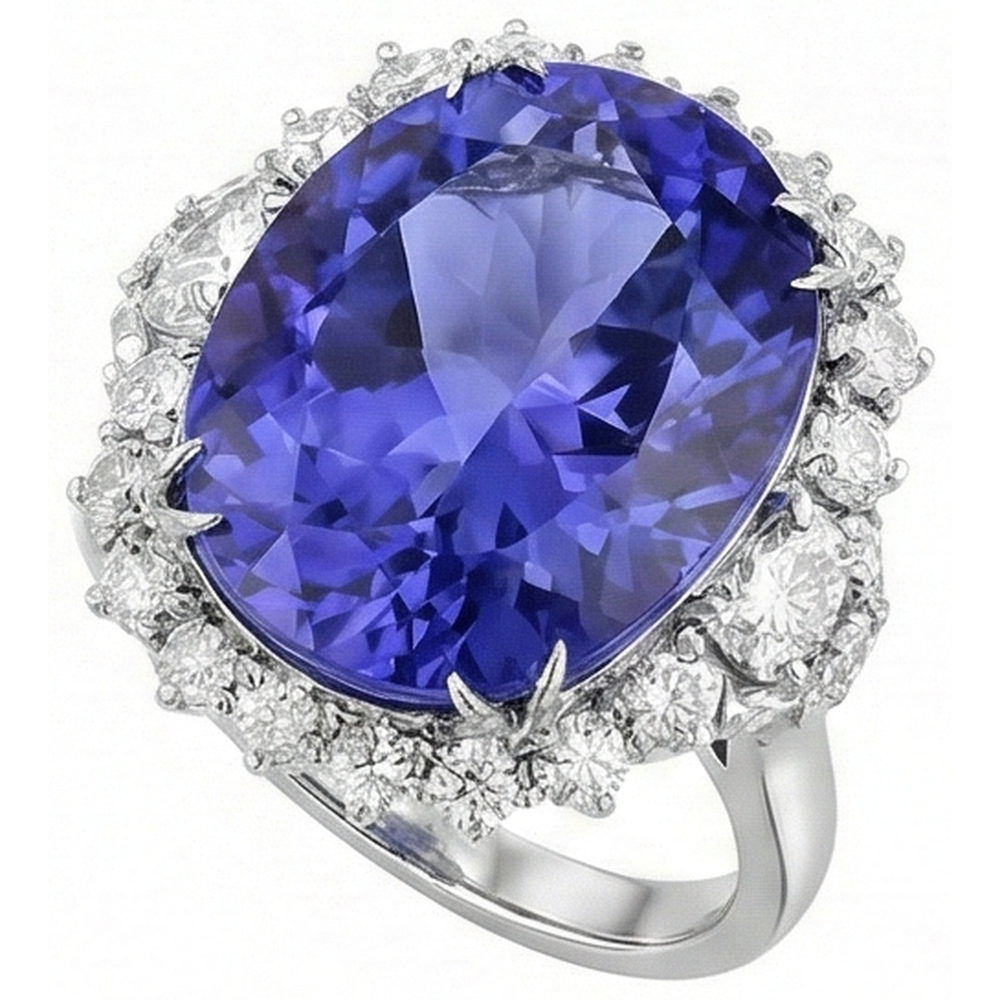 Fede Nuziale Oro Bianco Con Tanzanite Ovale Grande 12.25 ct Con Diamanti