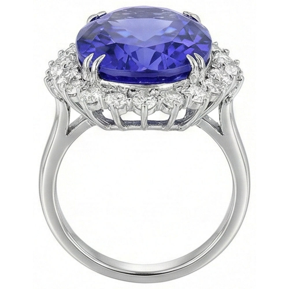 Fede Nuziale Oro Bianco Con Tanzanite Ovale Grande 12.25 ct Con Diamanti