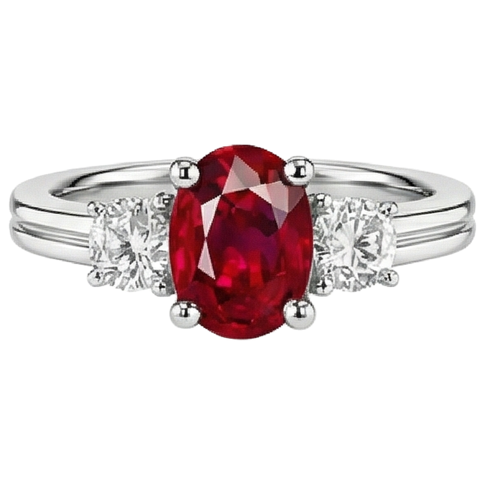 Fede Tre Pietre 3.50 Carati Rubino E Diamanti WG 14K