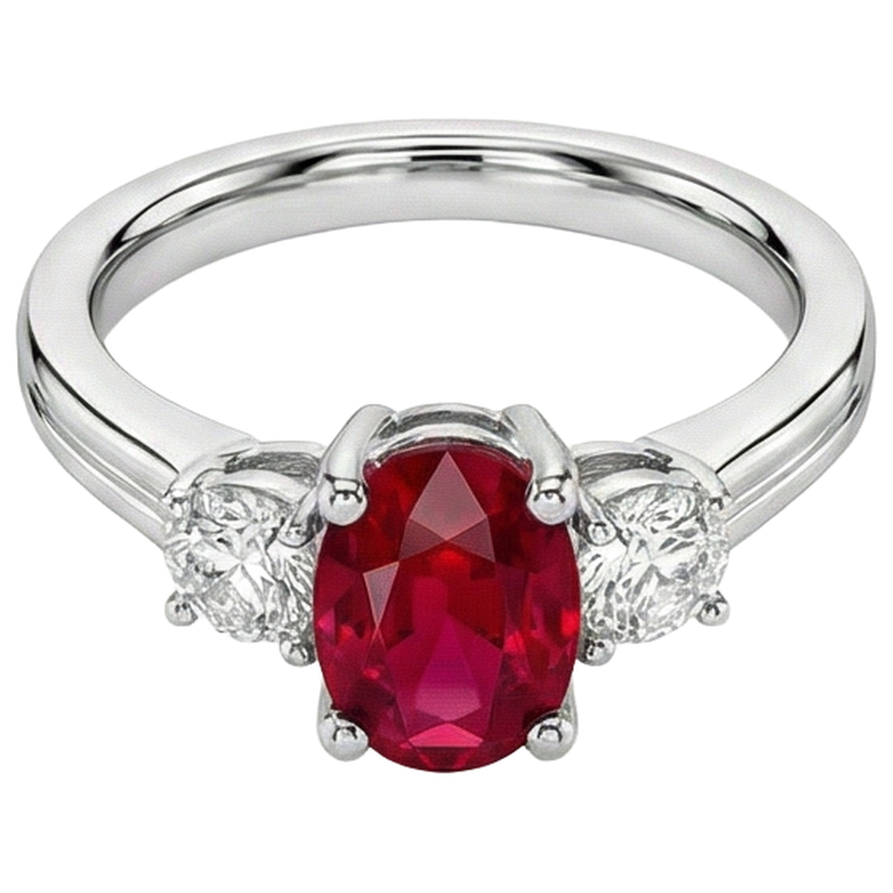 Fede Tre Pietre 3.50 Carati Rubino E Diamanti WG 14K