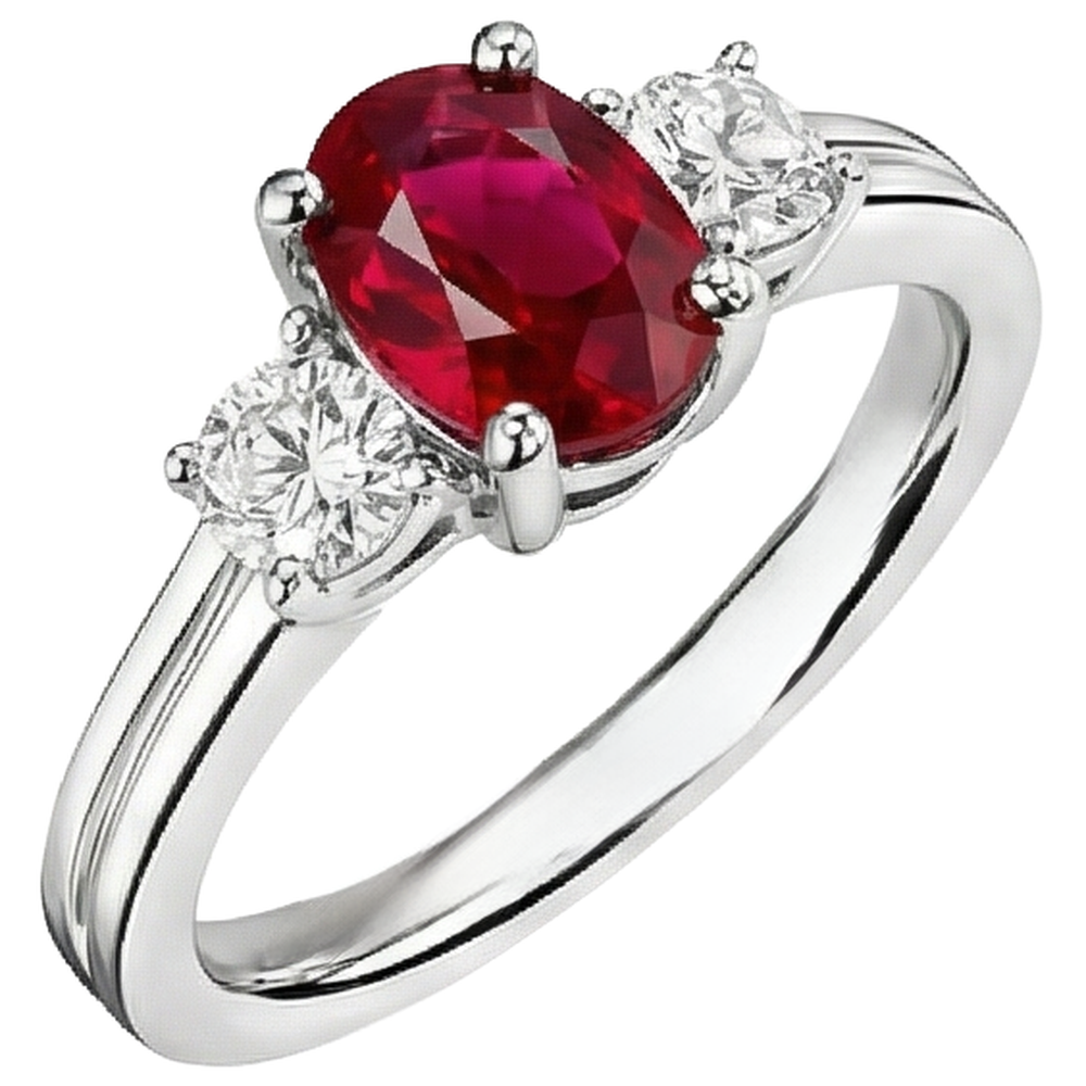 Fede Tre Pietre 3.50 Carati Rubino E Diamanti WG 14K