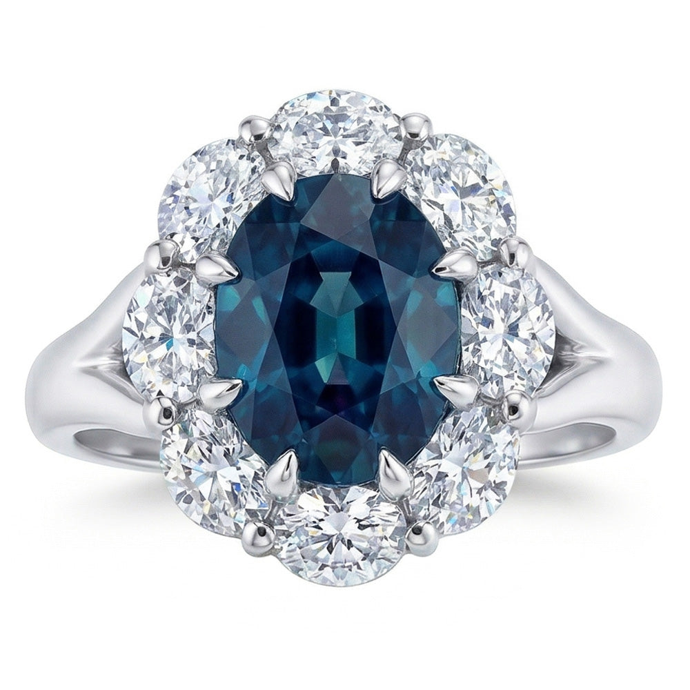 Fede nuziale Halo con zaffiro blu ovale 3,30 carati e diamante in oro bianco 14K