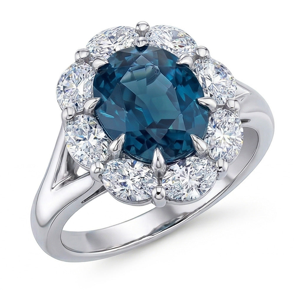 Fede nuziale Halo con zaffiro blu ovale 3,30 carati e diamante in oro bianco 14K
