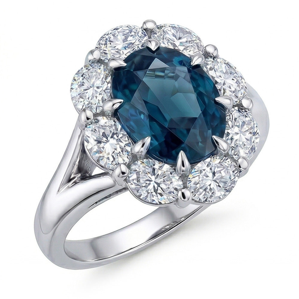 Fede nuziale Halo con zaffiro blu ovale 3,30 carati e diamante in oro bianco 14K