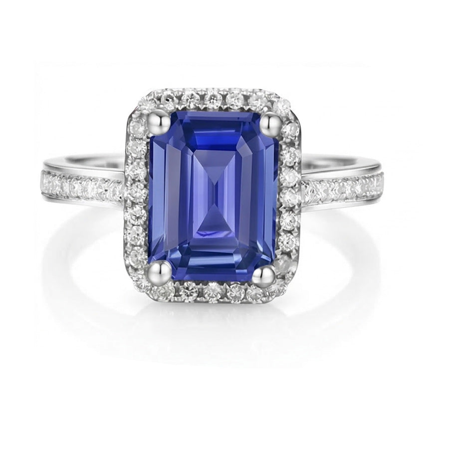 Fede nuziale Halo con zaffiro blu taglio smeraldo da 3,50 carati e diamante in oro