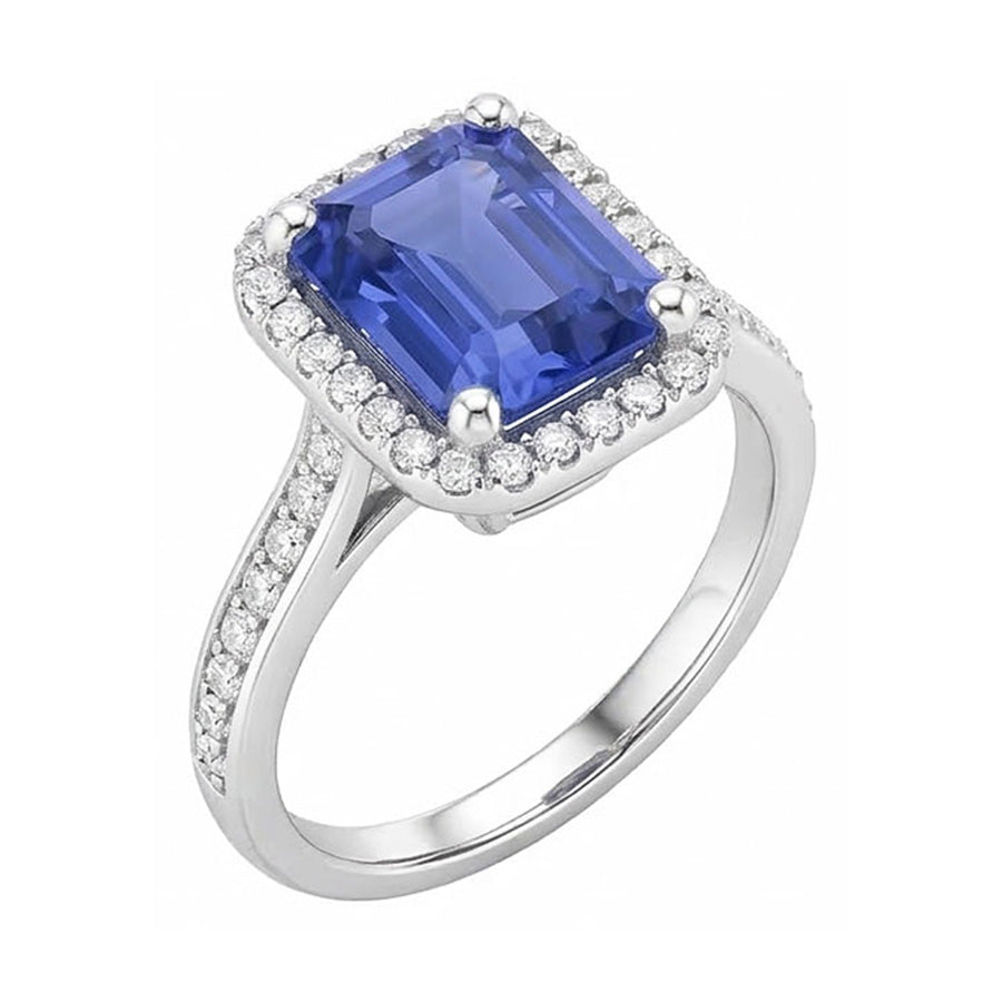 Fede nuziale Halo con zaffiro blu taglio smeraldo da 3,50 carati e diamante in oro