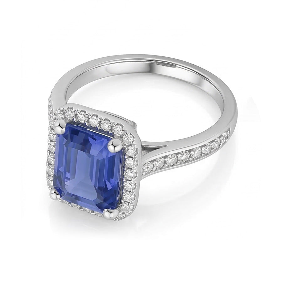 Fede nuziale Halo con zaffiro blu taglio smeraldo da 3,50 carati e diamante in oro