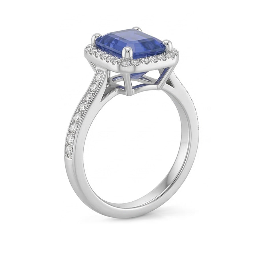Fede nuziale Halo con zaffiro blu taglio smeraldo da 3,50 carati e diamante in oro