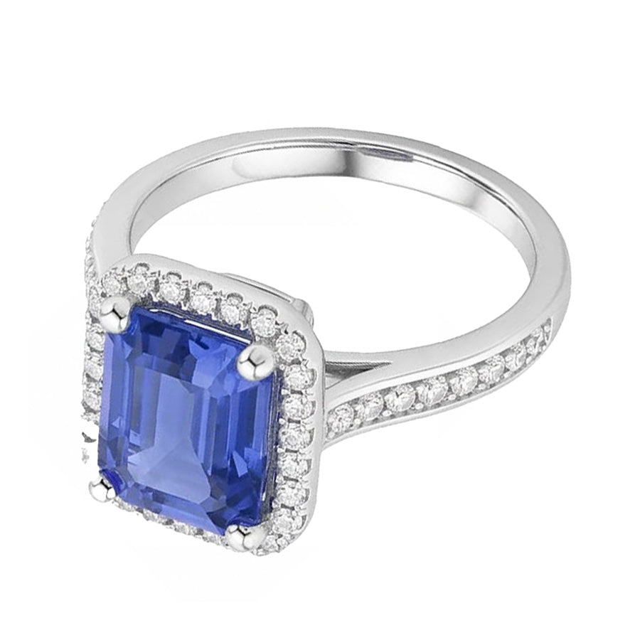 Fede nuziale Halo con zaffiro blu taglio smeraldo da 3,50 carati e diamante in oro