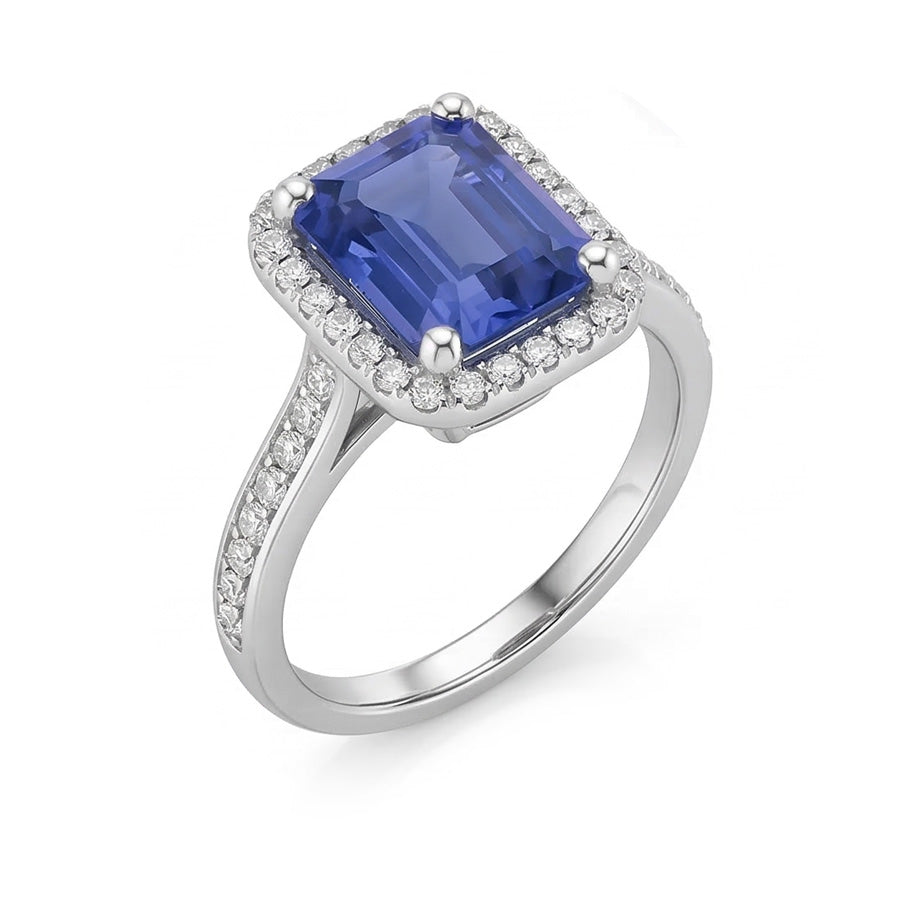 Fede nuziale Halo con zaffiro blu taglio smeraldo da 3,50 carati e diamante in oro