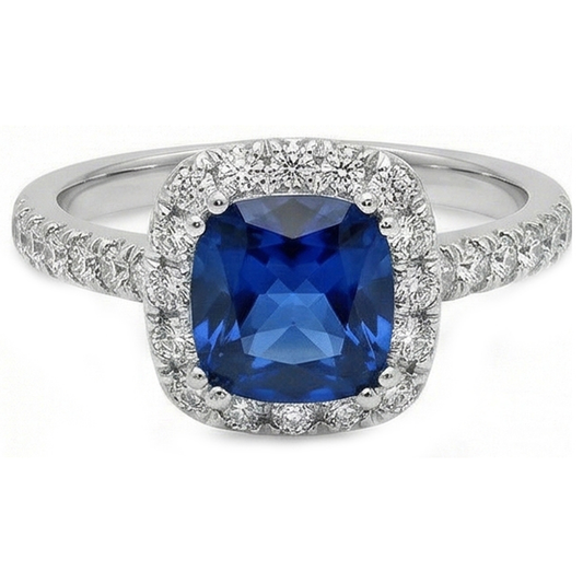 Fede nuziale Halo con zaffiro dello Sri Lanka da 3,90 carati e diamanti in oro bianco 14K