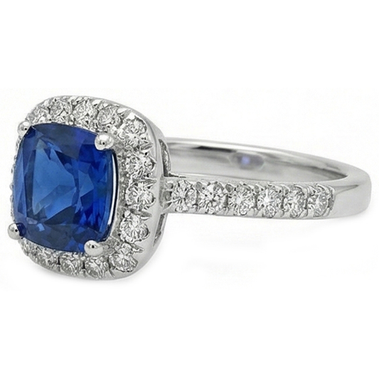Fede nuziale Halo con zaffiro dello Sri Lanka da 3,90 carati e diamanti in oro bianco 14K